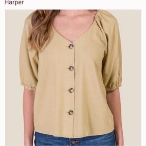 Harper Button-Front V-Neck Top in Olive Green Tan